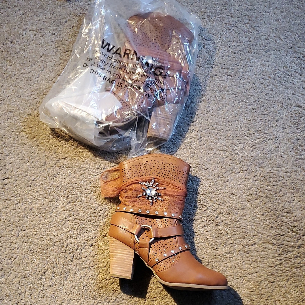 Joan Boyce Cognac Ankle Boots with Rhinestone Detail & Trim